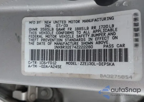 2004 Toyota Corolla S z USA, uszkodzony, nr VIN 1NXBR32E74Z222280